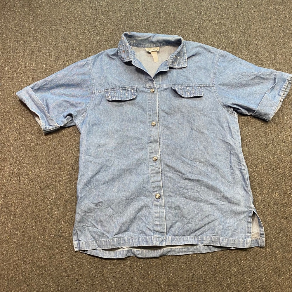 Jaclyn Smith Sport Denim Shirt Sz L Womens Y2K Rhinestone Studded Short Sleeve